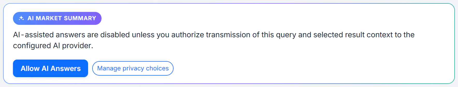 The AI market summary box before any permission is given: a badge reading AI Market Summary and a message that AI answers need your permission, with Allow AI Answers and Manage privacy choices buttons